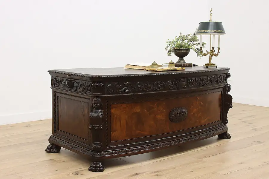 Main image of Renaissance Antique Oak Office Library Desk, Carved Figures