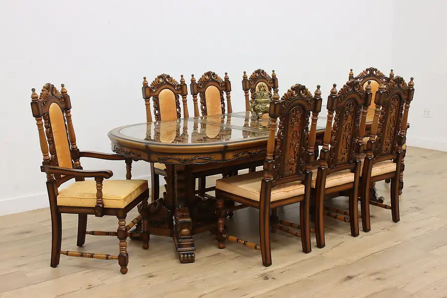 Main image of Chinese Vintage Carved Dining Set, Table 2 Leaves 8 Chairs