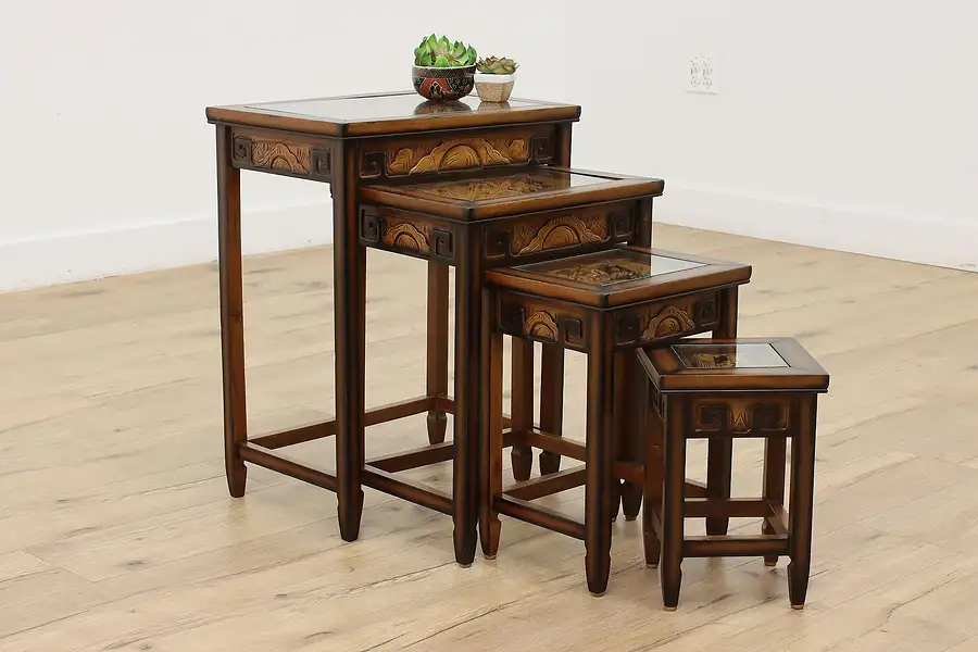 Main image of Set of 4 Vintage Chinese Carved Teak & Glass Nesting Tables