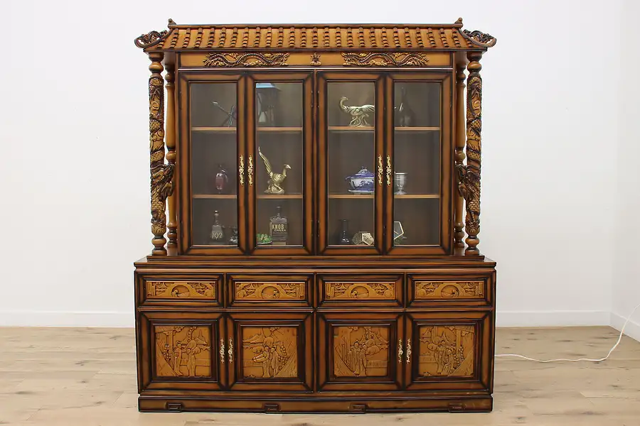 Main image of Chinese Vintage Carved Teak Breakfront China Cabinet Dragons