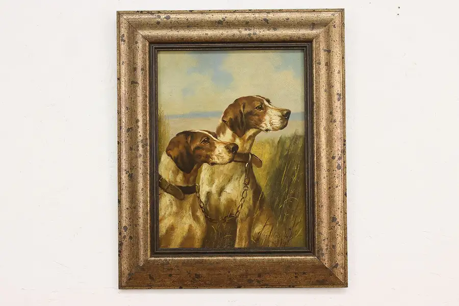 Main image of Pair of Hunting Dogs Vintage Original Oil Painting 22.5"