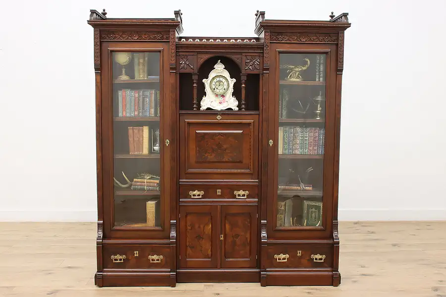 Main image of Victorian Eastlake Antique Walnut Secretary Desk & Bookcase