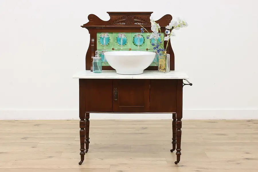 Main image of English Antique Washstand Bar, Server, Tile & Marble