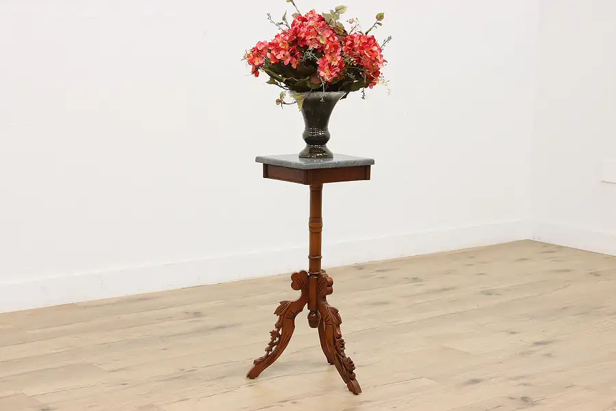 Main image of Victorian Carved Walnut Antique Plant Sculpture Stand Marble