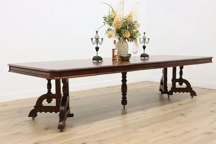 Main image of Victorian Eastlake Antique Walnut 4' Dining Table Opens 11'