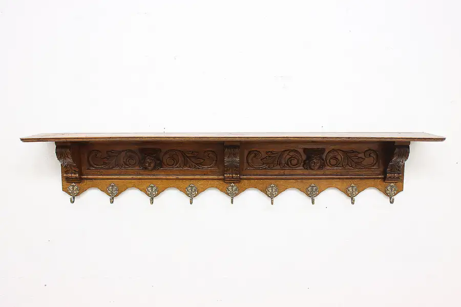 Main image of Renaissance Dutch Antique Oak Wall Shelf, Carved Heads