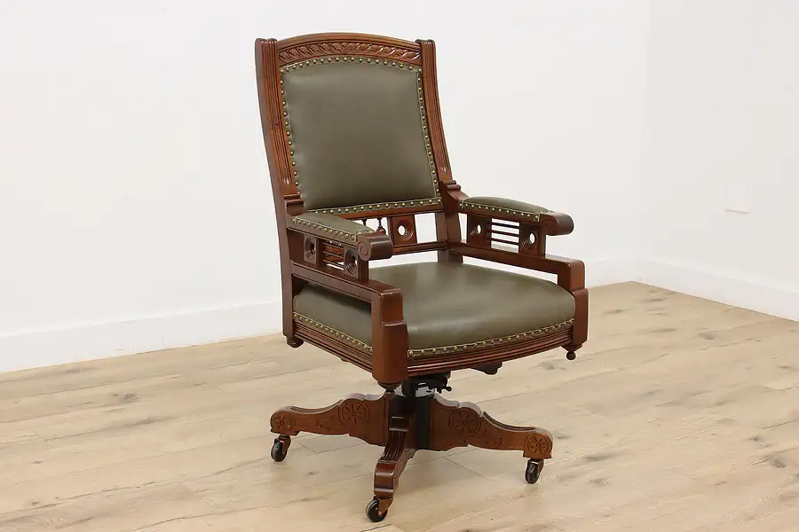 Main image of Victorian Eastlake Antique Cherry Swivel Desk Chair, Leather