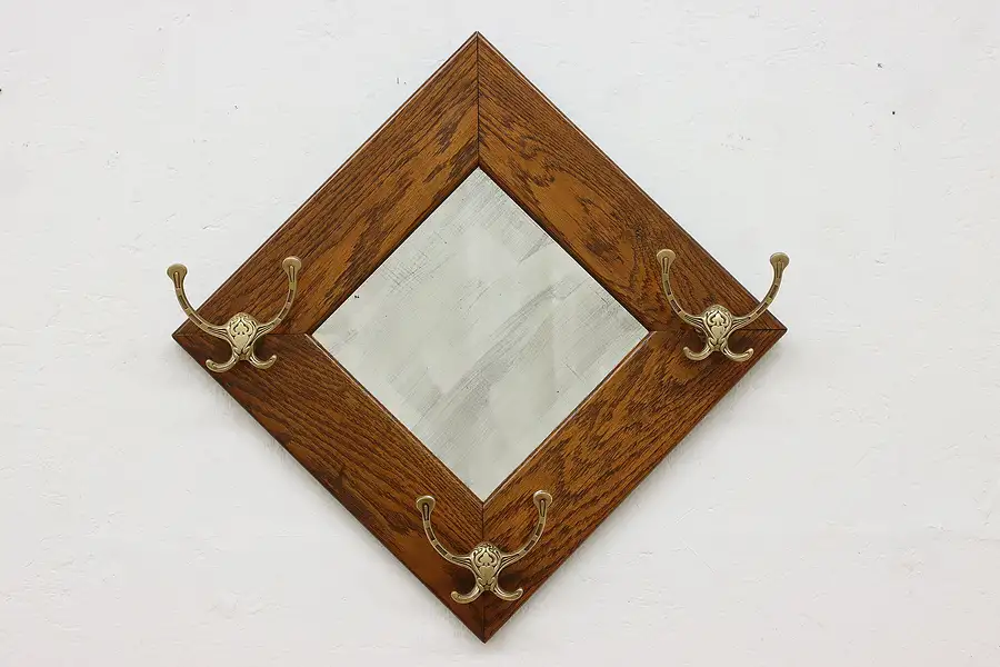 Main image of Victorian Antique Oak Beveled Hall Mirror Brass Hooks