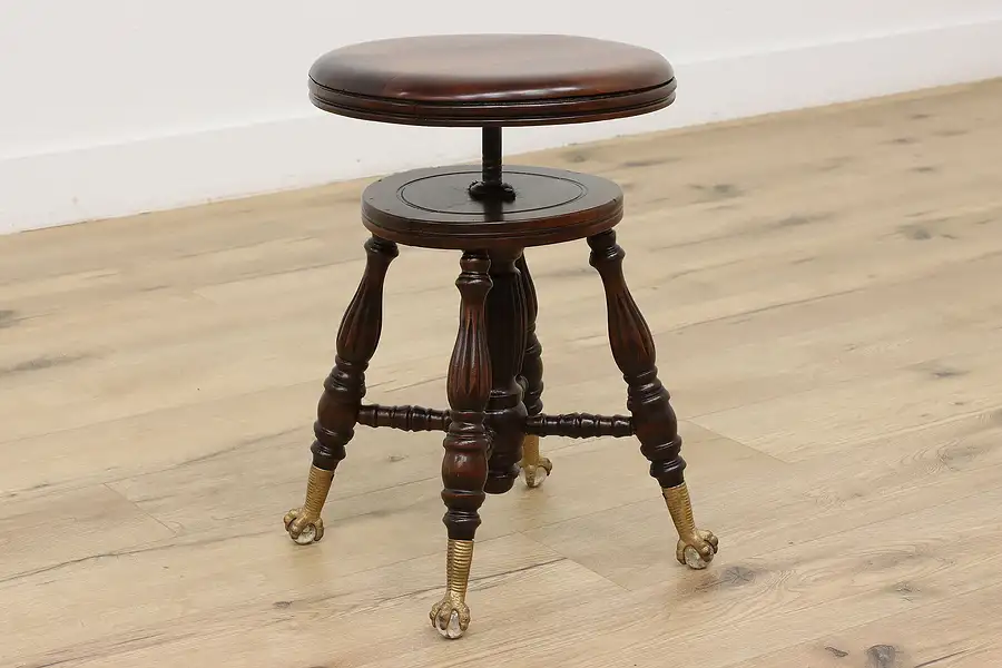 Main image of Victorian Antique Swivel Adjustable Piano Stool, Glass Feet