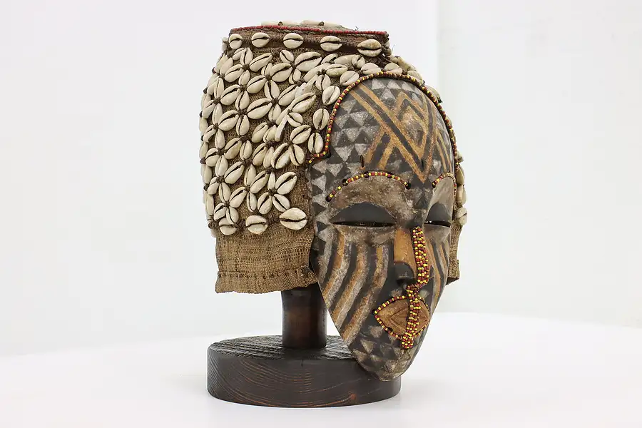 Main image of African Folk Art Carved Painted African Mask Beads & Shells