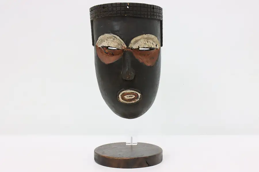 Main image of Traditional African Folk Art Carved & Painted Mask & Stand