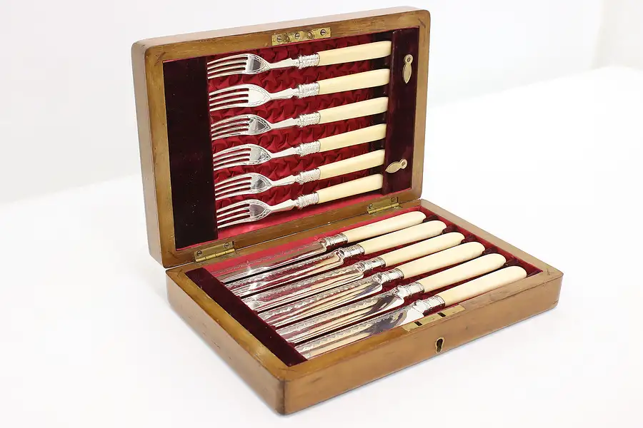 Main image of English Antique 12 Pc Bone Handle Knife & Fork Set, Case L&W