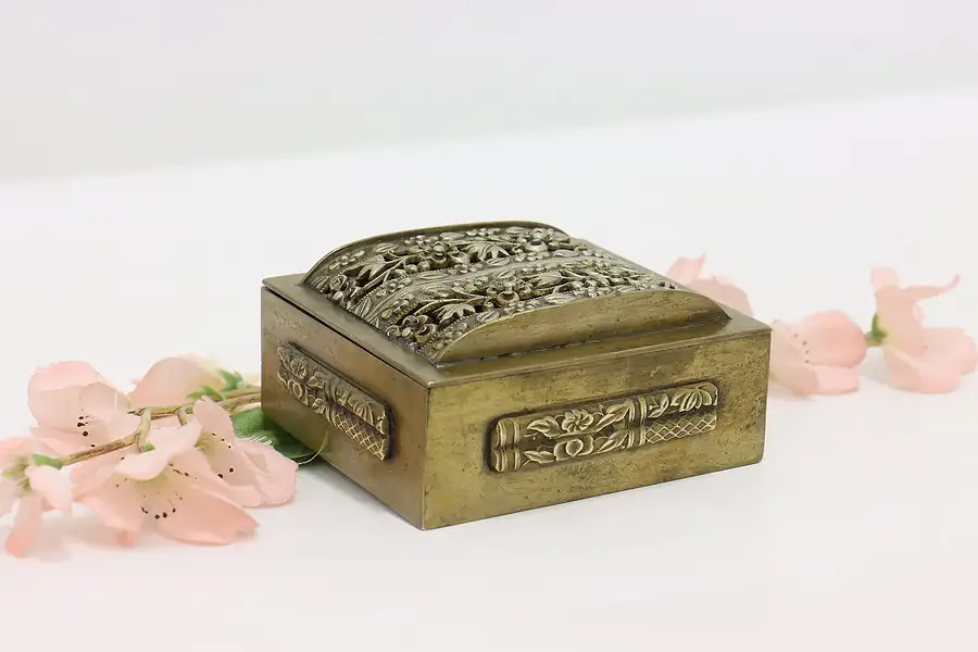 Main image of Chinese Antique Brass Jewelry or Keepsake Box, Flowers