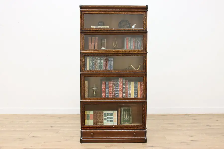 Main image of Lawyer 5 Stack Antique Oak Bookcase, Drawer, Globe & Macey