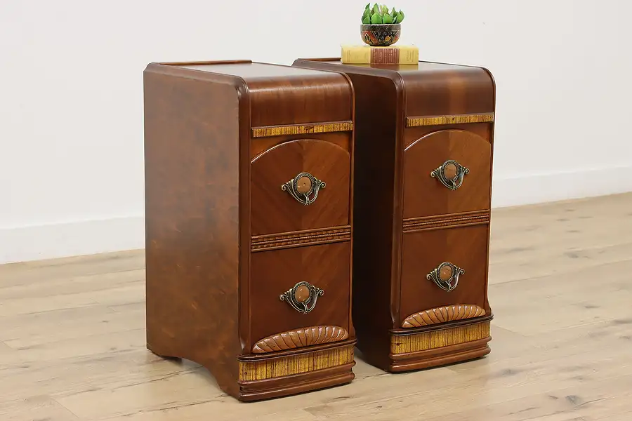 Main image of Pair of Art Deco Vintage Waterfall Nightstands or End Tables