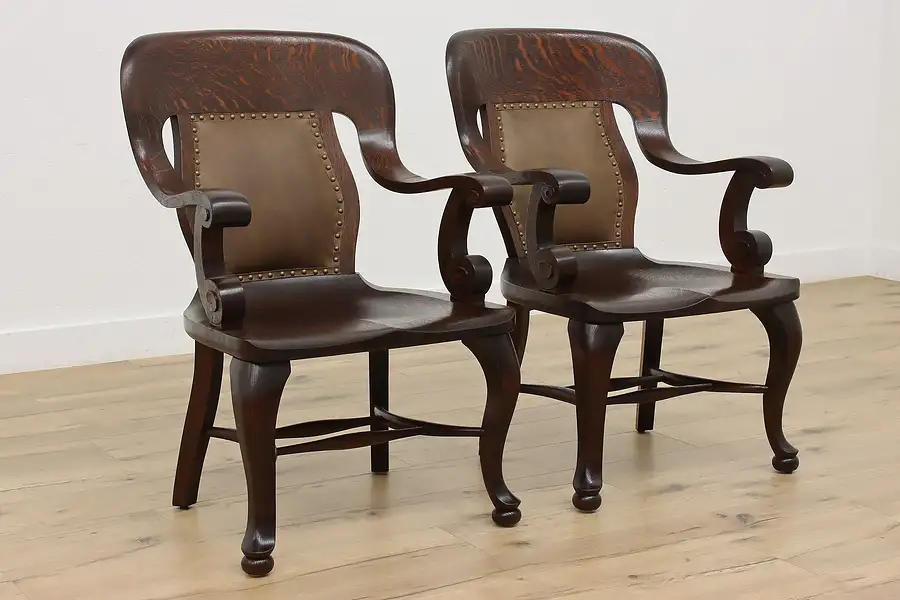 Main image of Pair of Empire Design Antique Carved Oak & Leather Chairs