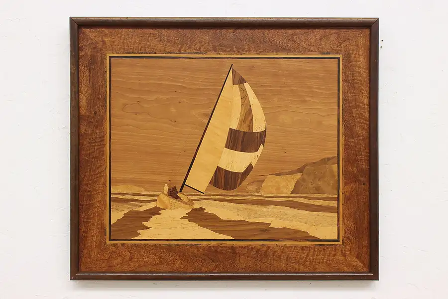 Main image of Sailboat on Lake Vintage Marquetry Inlaid Wall Plaque 27"