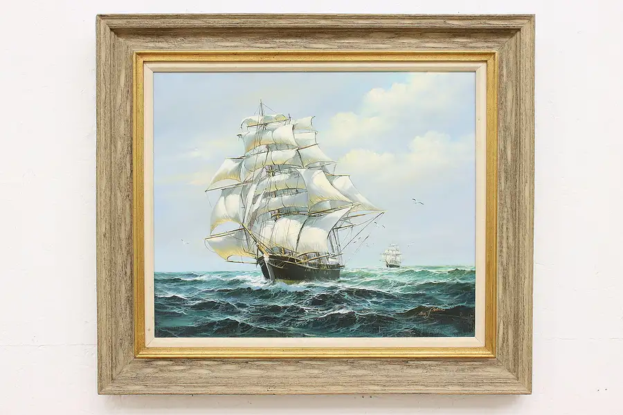 Main image of Ships at Sea Vintage Original Oil Painting Sanders 31.5"