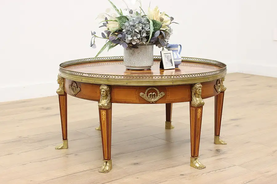 Main image of French Vintage Marquetry Coffee Table, Brass Feet & Heads