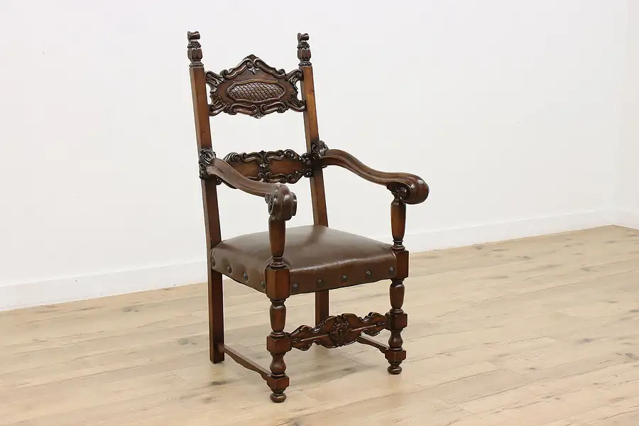 Main image of Renaissance Antique Carved Walnut Hall Throne Chair, Leather