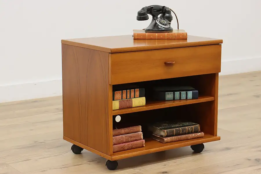 Main image of Midcentury Modern Vintage Rolling Teak Nightstand End Table