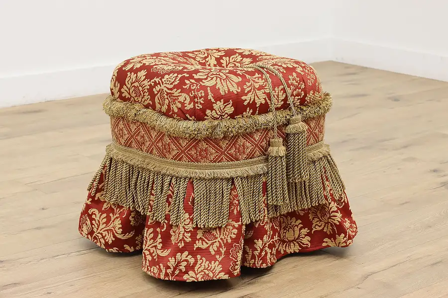 Main image of Tufted Vintage Footstool or Ottoman, Tassels, Fringe, Bombay