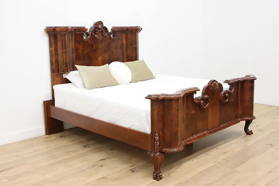 Main image of Italian Antique Carved Walnut King Size Bed, Paw Feet