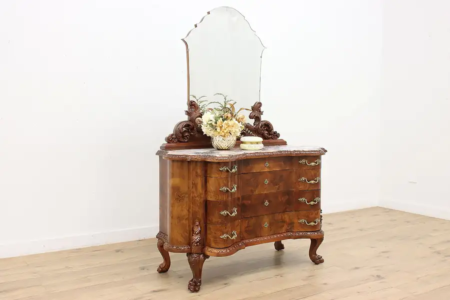 Main image of Italian Antique Carved Walnut Dresser Chest, Mirror, Marble