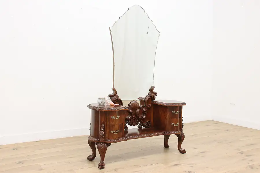 Main image of Italian Antique Carved Walnut Vanity Dressing Table, Mirror