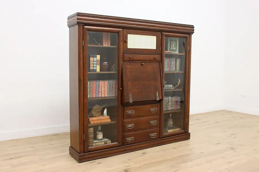 Main image of Oak Antique Bookcase & Secretary Desk, Beveled Mirror