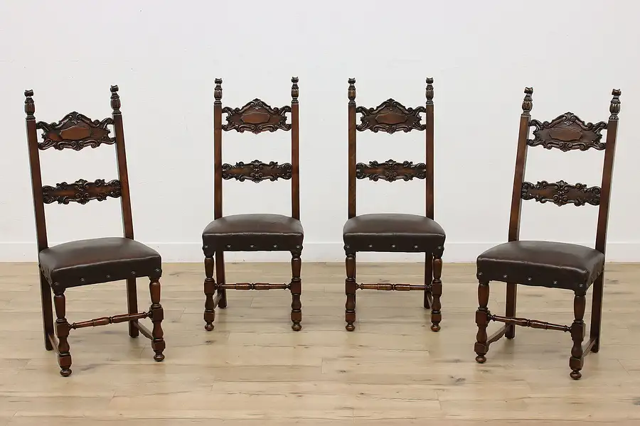 Main image of Set of 4 Renaissance Antique Carved Walnut Chairs, Leather