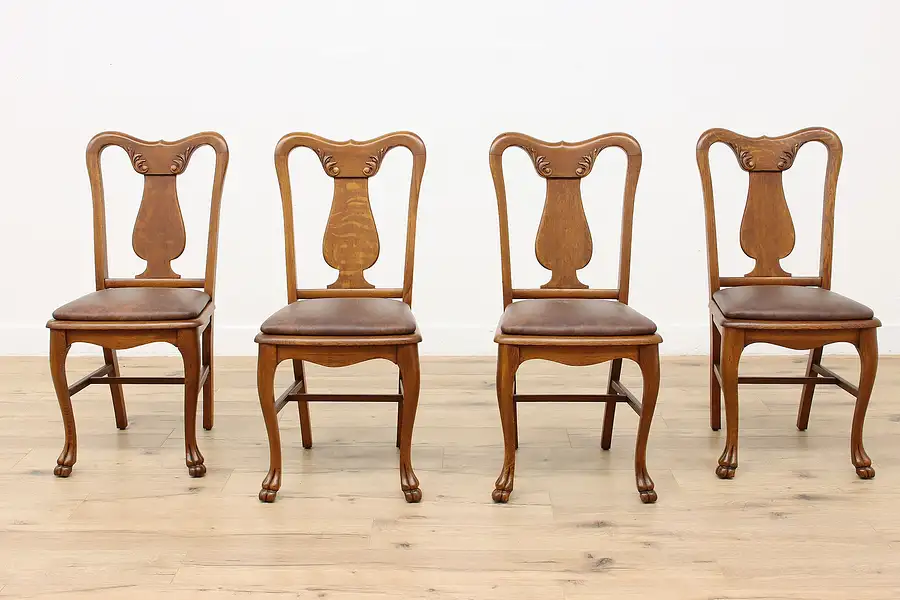 Main image of Set of 4 Oak Victorian Antique Carved Dining Chairs Leather