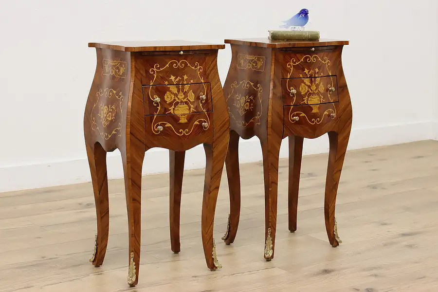 Main image of Pair of Vintage Marquetry Bombe Nightstands or End Tables