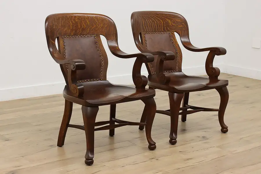 Main image of Pair of Empire Design Antique Carved Oak & Leather Chairs