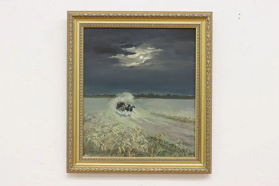 Main image of Moonlight Escape Antique Original Oil Painting, Signed 22"