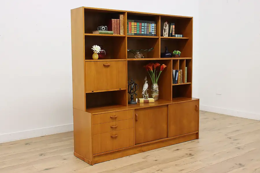 Main image of Midcentury Modern Vintage Teak Danish Wall Unit Bookcase Bar