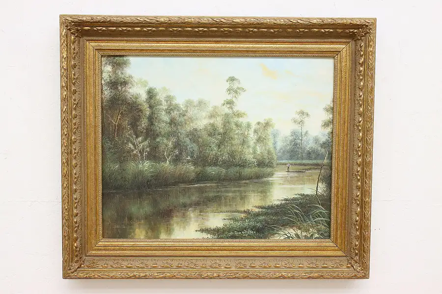 Main image of Bayou Landscape Vintage Original Oil Painting, Signed 40"