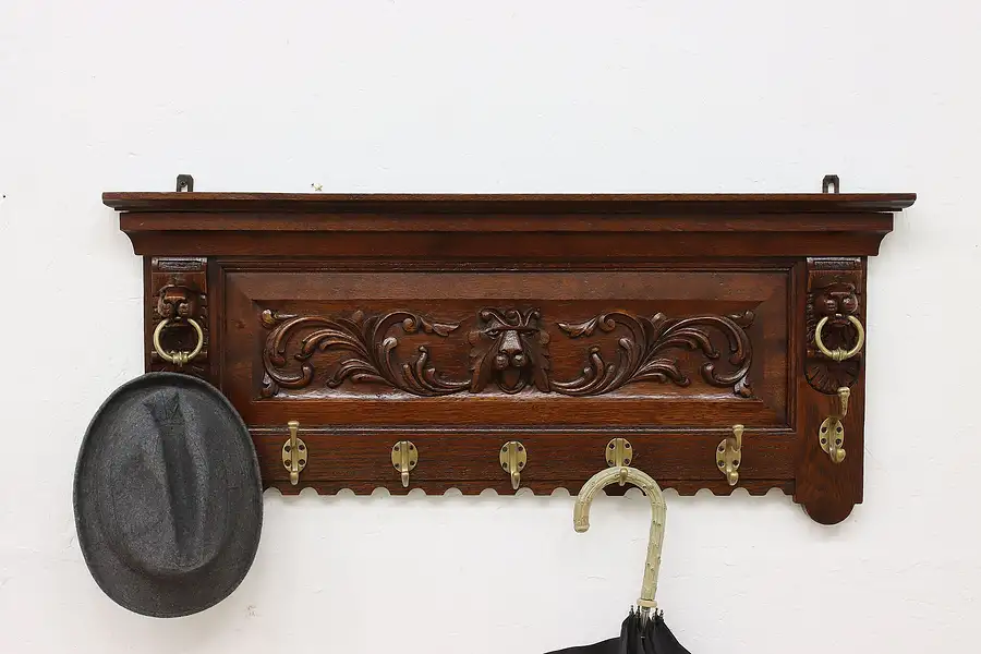 Main image of Renaissance Antique Oak Dutch Hat Rack & Shelf Carved Lions