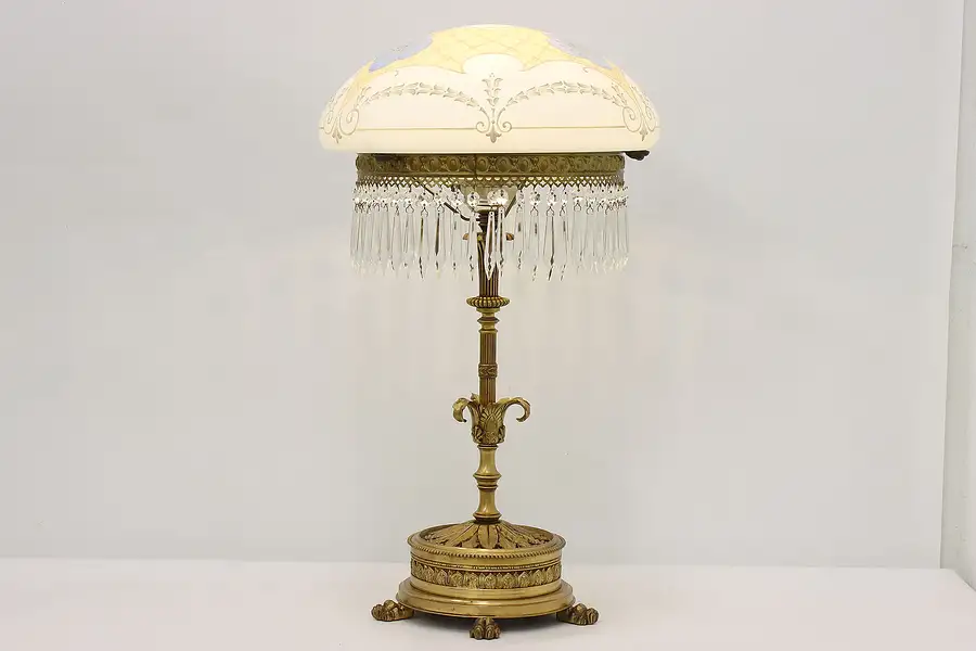 Main image of Bronze Antique Lamp, Etched Mushroom Glass Shade, Prisms