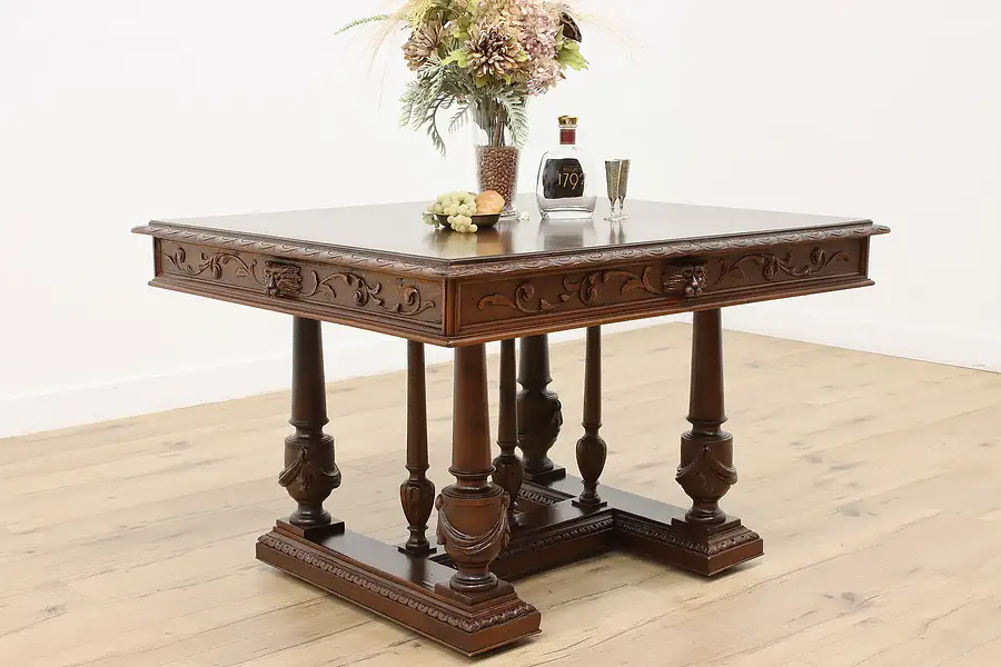 Main image of Italian Antique Walnut Center or Dining Table, Carved Lions