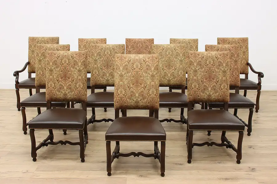 Main image of Traditional Set Of 12 Tapestry & Leather Dining Chairs