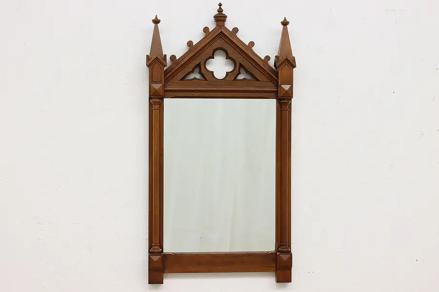 Main image of Victorian Gothic Antique Carved Walnut Hall Mirror