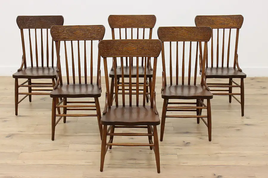 Main image of Set of 6 Farmhouse Antique Press Carved Elm Dining Chairs