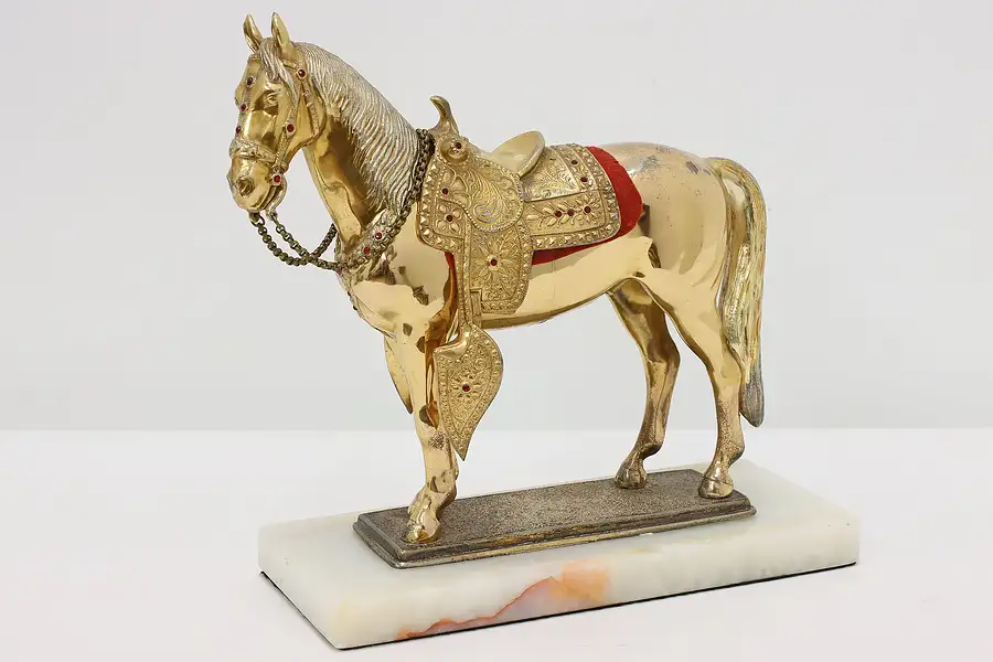 Main image of Gold Plated Vintage Horse Sculpture w/ Rubies, Onyx Base