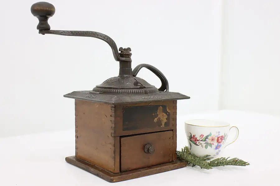 Main image of Farmhouse Antique Walnut & Iron Coffee Mill or Grinder