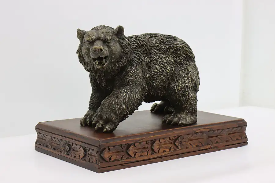 Main image of Farmhouse Vintage Statue Bronze Bear Sculpture & Carved Base