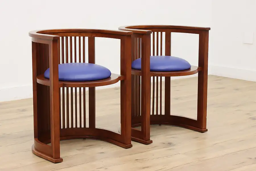 Main image of Pair Frank Lloyd Wright Design Cherry Barrel Chairs Leather