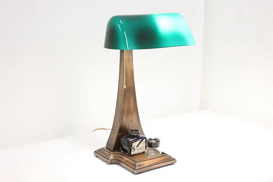 Main image of Amronlite Antique Emerald Glass Shade Banker Desk Lamp