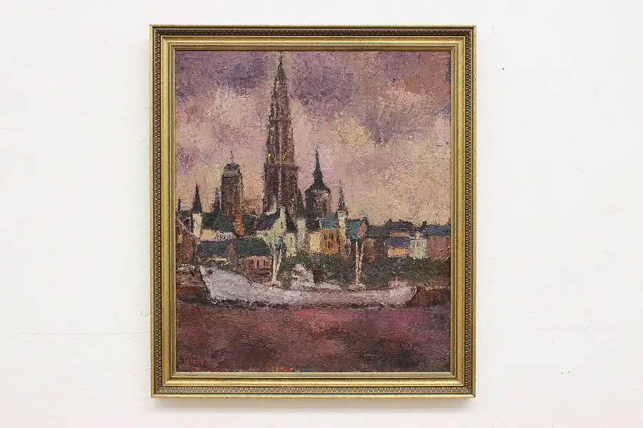 Main image of Antwerp Cathedral Vintage Original Oil Painting Giefs 31.5"