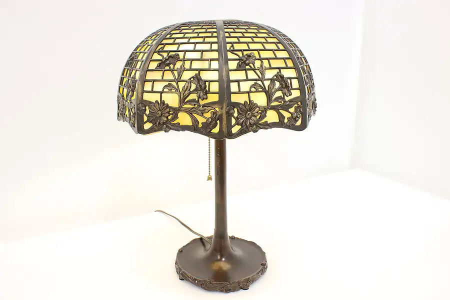 Main image of Stained Glass Panel Filigree Shade Antique Desk Lamp